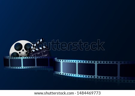 Cinema film strip wave, film reel and clapper board isolated on blue background. 3d Movie and film cinema festival poster. Design element template can be used for advertising, backdrop, brochure.