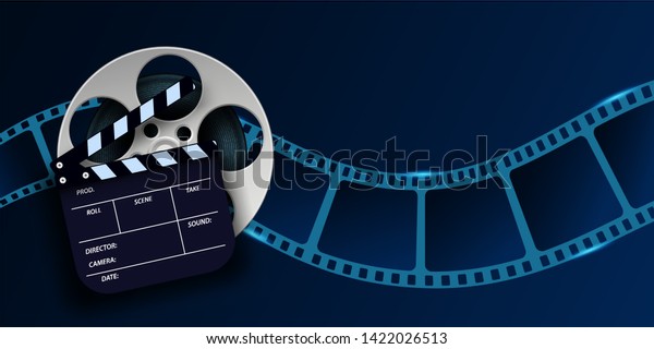 Cinema film strip wave, film reel and clapper board\
isolated on blue background. 3d movie flyer or poster with place\
for your text. Template design cinematography concept of film\
industry. Vector EPS