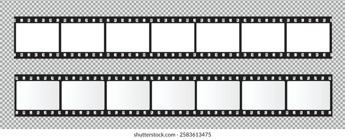 Cinema Film strips reel templates. Retro film strip frame element isolated on transparent background. Video or movie film vintage analog cinema, photograph camera. Abstract vector illustration
