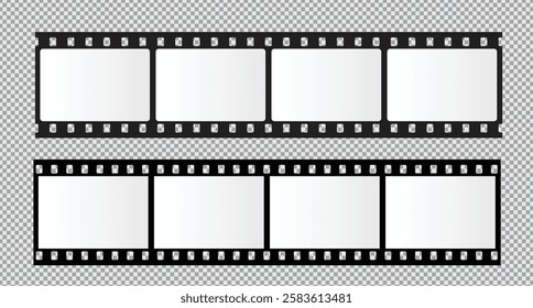 Cinema Film strips reel templates. Retro film strip frame element isolated on transparent background. Video or movie film vintage analog cinema, photograph camera. Abstract vector illustration
