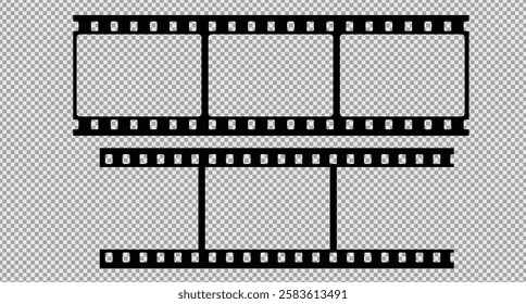 Cinema Film strips reel templates. Retro film strip frame element isolated on transparent background. Video or movie film vintage analog cinema, photograph camera. Abstract vector illustration
