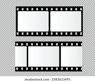 Cinema Film strips reel templates. Retro film strip frame element isolated on transparent background. Video or movie film vintage analog cinema, photograph camera. Abstract vector illustration
