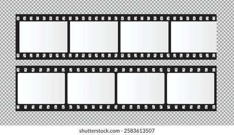 Cinema Film strips reel templates. Retro film strip frame element isolated on transparent background. Video or movie film vintage analog cinema, photograph camera. Abstract vector illustration
