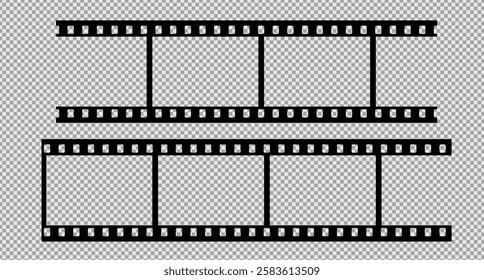 Cinema Film strips reel templates. Retro film strip frame element isolated on transparent background. Video or movie film vintage analog cinema, photograph camera. Abstract vector illustration
