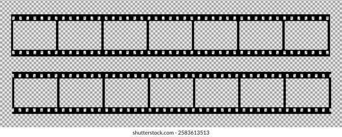 Cinema Film strips reel templates. Retro film strip frame element isolated on transparent background. Video or movie film vintage analog cinema, photograph camera. Abstract vector illustration
