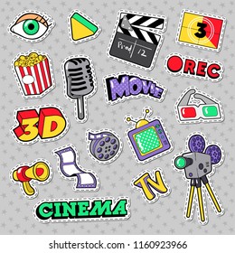 Cinema Film Television Patches, Badges and Stickers with Camera, TV, Tape. Vector Doodle