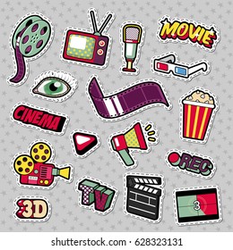 Cinema Film Television Patches, Badges, Stickers set with Camera, TV, Tape. Vector Doodle