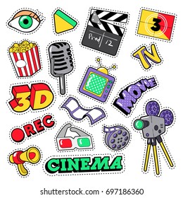 Cinema Film Television Patches, Badges, Stickers set with Camera, TV, Tape. Vector Doodle in Comic Style