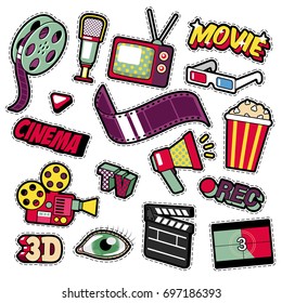 Cinema Film Television Patches, Badges, Stickers set with Camera, TV, Tape. Vector Doodle in Comic Style