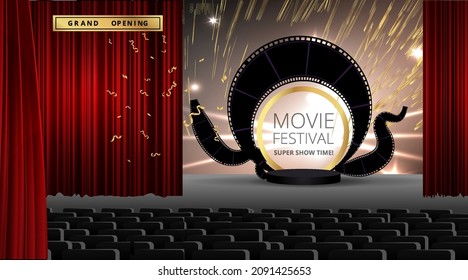 Cinema and  film Theatre hall, movie presentation and competition velvet curtains. Shining light bulbs vintage and luxury festival flyer, golden realistic, music glowing vintage poster design vector
