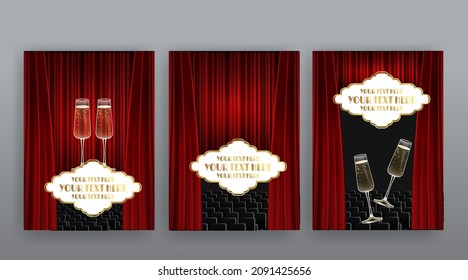 Cinema and  film Theatre hall, movie presentation and competition velvet curtains. Shining light bulbs vintage and luxury festival flyer, golden realistic, music glowing vintage poster design vector