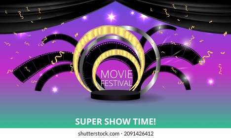 Cinema and  film Theatre hall, movie presentation and competition velvet curtains. Shining light bulbs vintage and luxury festival flyer, golden realistic, music glowing vintage poster design vector