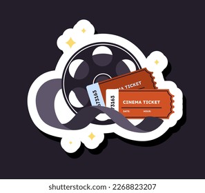 Cinema film with tickets sticker. Coupon to cinema and movie. Equipment for retro movie projector and camcorder. Poster or banner for website. Cartoon flat vector illustration