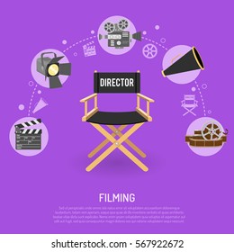 Cinema and filming concept with flat icons film reel, director chair, bullhorn, clapperboard, isolated vector illustration