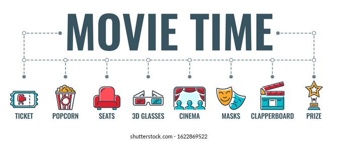 Cinema, filming and movie industry horizontal banner with colored line icons ticket, 3d glasses, popcorn, clapperboard. typography concept. isolated vector illustration