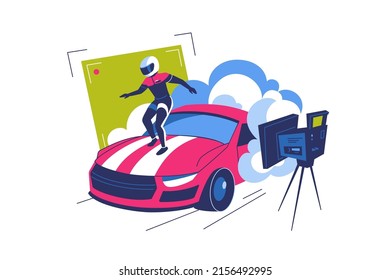 Cinema, filming movie process with cars crash and stunt actor vector illustration. Film, cinema motion production, entertainment industry svg