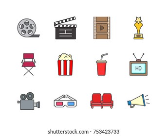 Cinema and filming related  flat line colored icons film strip, clapper, countdown, movie awards, popcorn, soda drink, camera, tv, 3D glasses, megaphone.