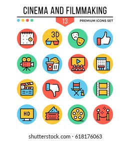 Cinema and filmmaking icons. Modern thin line icons set. Premium quality. Outline symbols, graphic elements, concepts, flat line icons for web design, mobile app, ui, infographics. Vector illustration