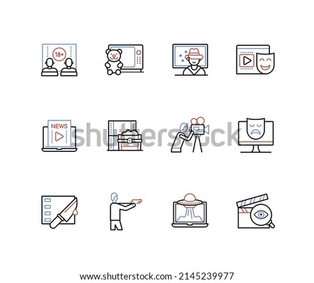 Cinema and films - line design style icons with editable stroke. Movies night for adults and TV for children. Western, comedy, drama, mystery, science fiction, thriller, adventure. Entertainment idea