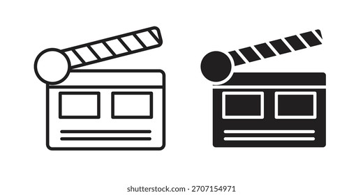 Cinema flapper icon in a black stroke vector design and flat solid version on white background