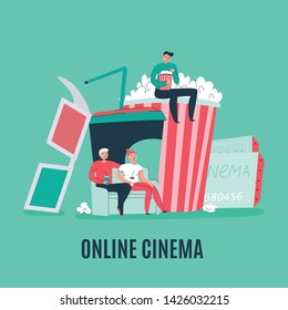 Cinema flat composition with popcorn tickets 3d glasses and people watching film online vector illustration