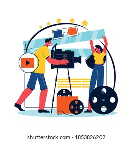 Cinema flat concept with cameraman 3d glasses clapper film reel vector illustration