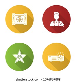 Cinema flat design long shadow glyph icons set. Film frame with countdown, movie star, actor, projector. Vector silhouette illustration