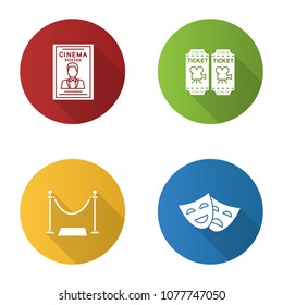 Cinema flat design long shadow glyph icons set. Poster, movie tickets, red carpet, tragedy and comedy masks. Vector silhouette illustration