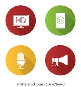 Cinema flat design long shadow glyph icons set. HD display, mute mode, microphone, megaphone. Vector silhouette illustration