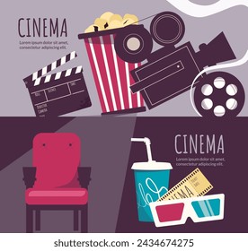 Cinema flat hand drawn cartoon banner set