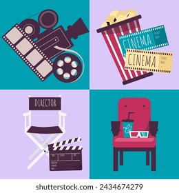 Cinema flat hand drawn cartoon composition set