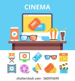 Cinema flat illustration and colorful flat cinema icons set. Modern flat design graphic concepts for web banners, web sites, printed materials, infographics. Creative vector illustration