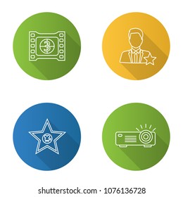 Cinema flat linear long shadow icons set. Film frame with countdown, movie star, actor, projector. Vector outline illustration