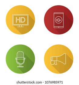 Cinema flat linear long shadow icons set. HD display, mute mode, microphone, megaphone. Vector outline illustration