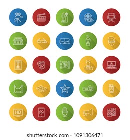 Cinema flat linear long shadow icons set. Movie theater. Equipment, service, awards. Vector outline illustration