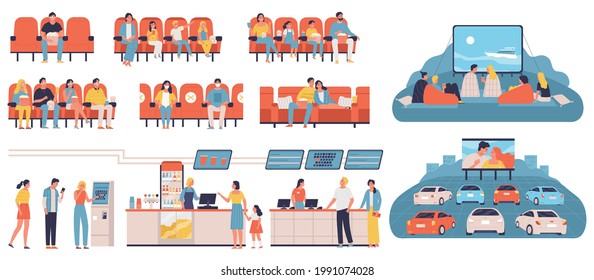 Cinema flat set with people buying tickets and watching movie in hall and outdoors isolated vector illustration