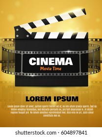 Cinema Flyer Or Poster With Movie Reel And Clapper Board. Vector Illustration Of Film Industry. Template For Your Design