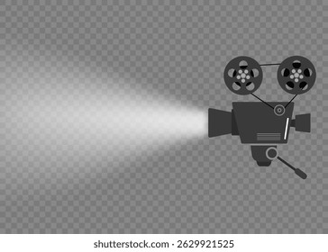 Cinema flyer with projector and glowing reel used in television show or creative performance concept showing trendy art banner with 80s style movie ticket and overlapping vector presentation

