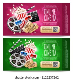 Cinema flyers, banners with gift coupons. Free gold tickets with discount. Elements of cinematography and motion picture movies. Popcorn in paper cup, producer firecracker, disc with film tape.