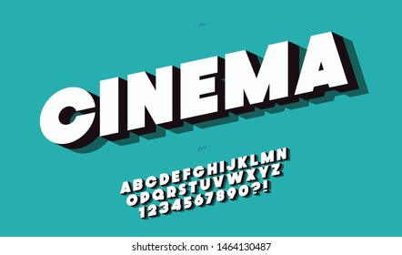 Cinema font 3d bold slanted style. Trendy typography alphabet for party poster, printing on fabric, t shirt, promotion, decoration, stamp, label, special offer. Modern typeface. Vector 10 eps