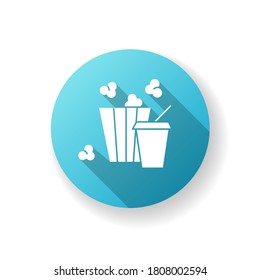 Cinema food blue flat design long shadow glyph icon. Popcorn and soda. Snack in bag. Film and entertainment. Unhealthy treat to eat in movie theater. Silhouette RGB color illustration