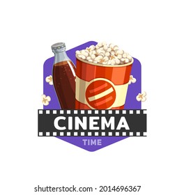 Kino-Essenssymbol mit Filmfilm, Popcorn und Drink, Vektorgrafik. Kino-Theater oder Kino-Theater Fastfood-Bistro oder Snacks-Bar-Schild mit Popcorn-Eimer und Soda-Drink-Flasche