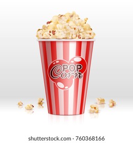 Cinema food popcorn in disposable bowl realistic vector illustration. Popcorn box, snack food in container for cinema