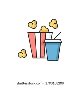 Cinema food RGB color icon. Popcorn and soda. Fast food for movie night. Snack in bag. Film and entertainment. Unhealthy treat to eat in movie theater. Isolated vector illustration