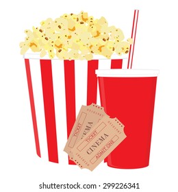 Cinema food with salt popcorn, disposable cola cup with straw and tickets. Set of movie design elements and cinema icons.