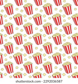 Cinema food seamless pattern. Popcorn and box background. Delicious bucket wallpaper. Snack for movie