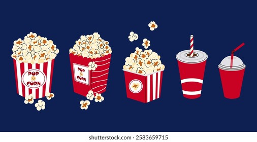 Cinema food. Set vector illustrations different popcorn boxes and cups with cold drinks. Food for film watching.