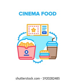 Concepto de ícono del vector de alimentación de cine. Billete De Cine Para Ver Película Con Deliciosa Tentempié Frito, Hamburguesa Grasa Y Bebida De Soda. Refrescamiento Iluminación de Color del Menú Nutrición Insalubre