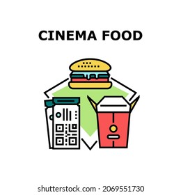 Concepto de ícono del vector de alimentación de cine. Comida De Cine Con Empaquetada De Hamburguesas Y Popcorn, Para Disfrutar De Ver Películas Y Comer Deliciosos Aperitivos Y Nutrición. Hamburguesa E Ilustración En Color De Las Entradas