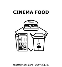 Cinema Food Vektorsymbol Konzept. Burger und Popcorn Package Cinema Food, genießen Sie Filme und essen köstliche Snacks und Ernährung. Hamburger- und Ticketschwarz-Illustration
